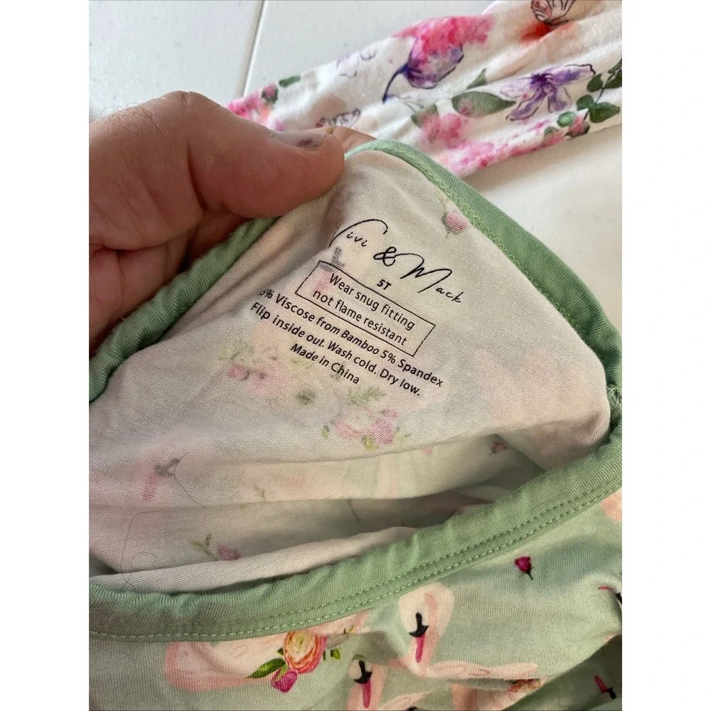 Lot of 6 Pieces‎ 5T Vive and Mack Bamboo Girls Pajama set Floral Swans Flamingos